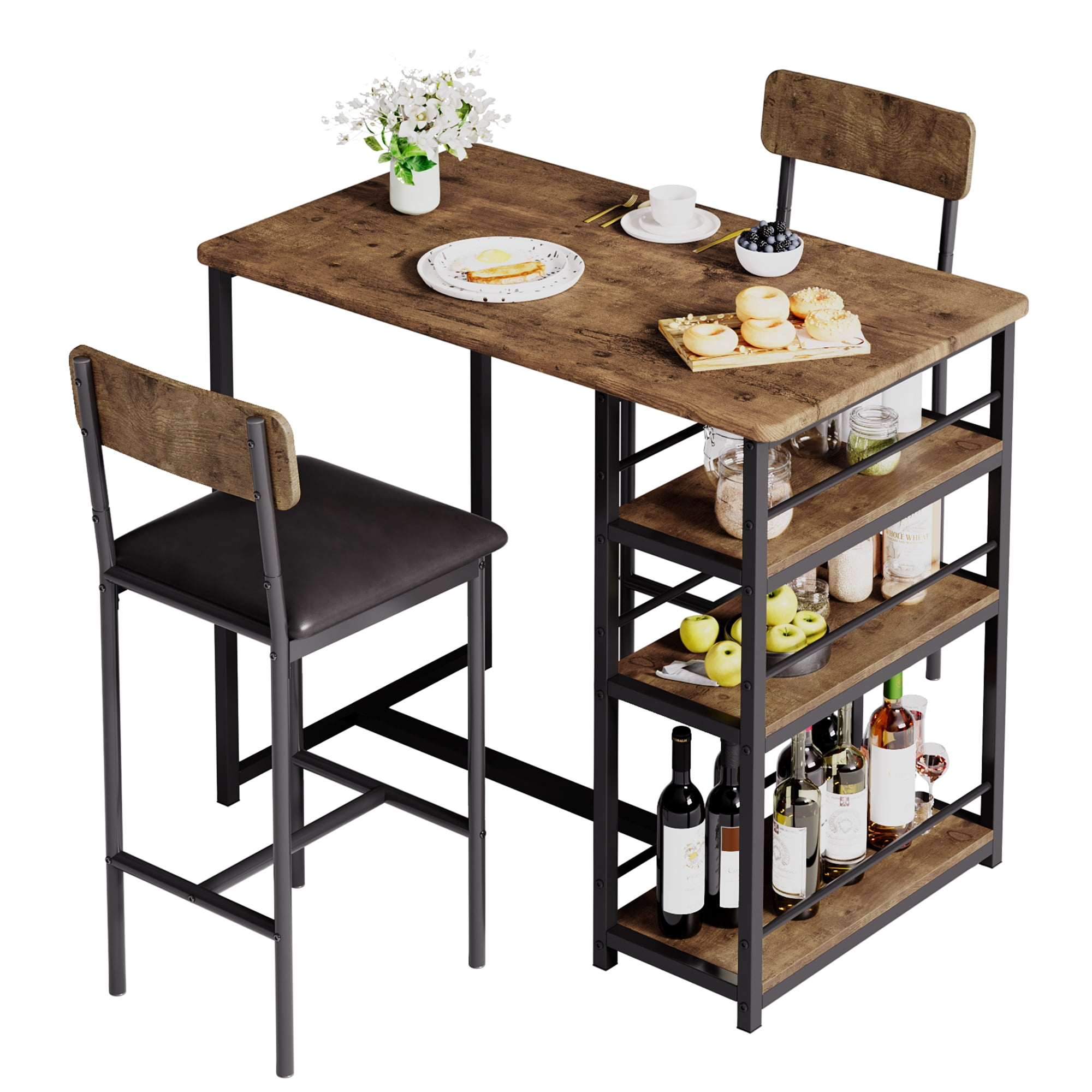 3-Piece Dining Table Set for 2 with Upholstered Bar Chairs, Kitchen Bar Table Set with 3 Storage Shelves, Space-Saving Furniture for Small Spaces, Apartment, Studio, Breakfast Nook