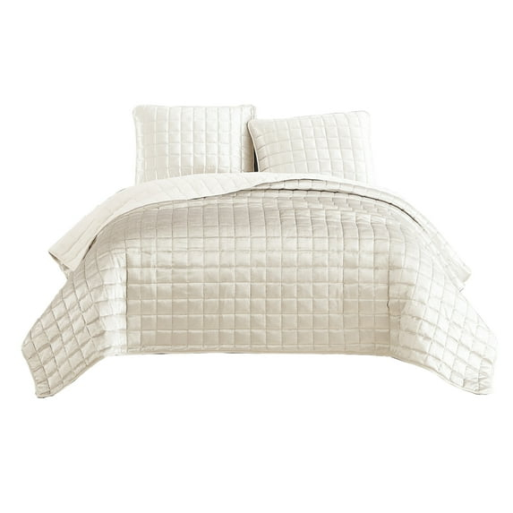 3 Piece King Size Coverlet Set with Stitched Square Pattern, Cream- Saltoro Sherpi