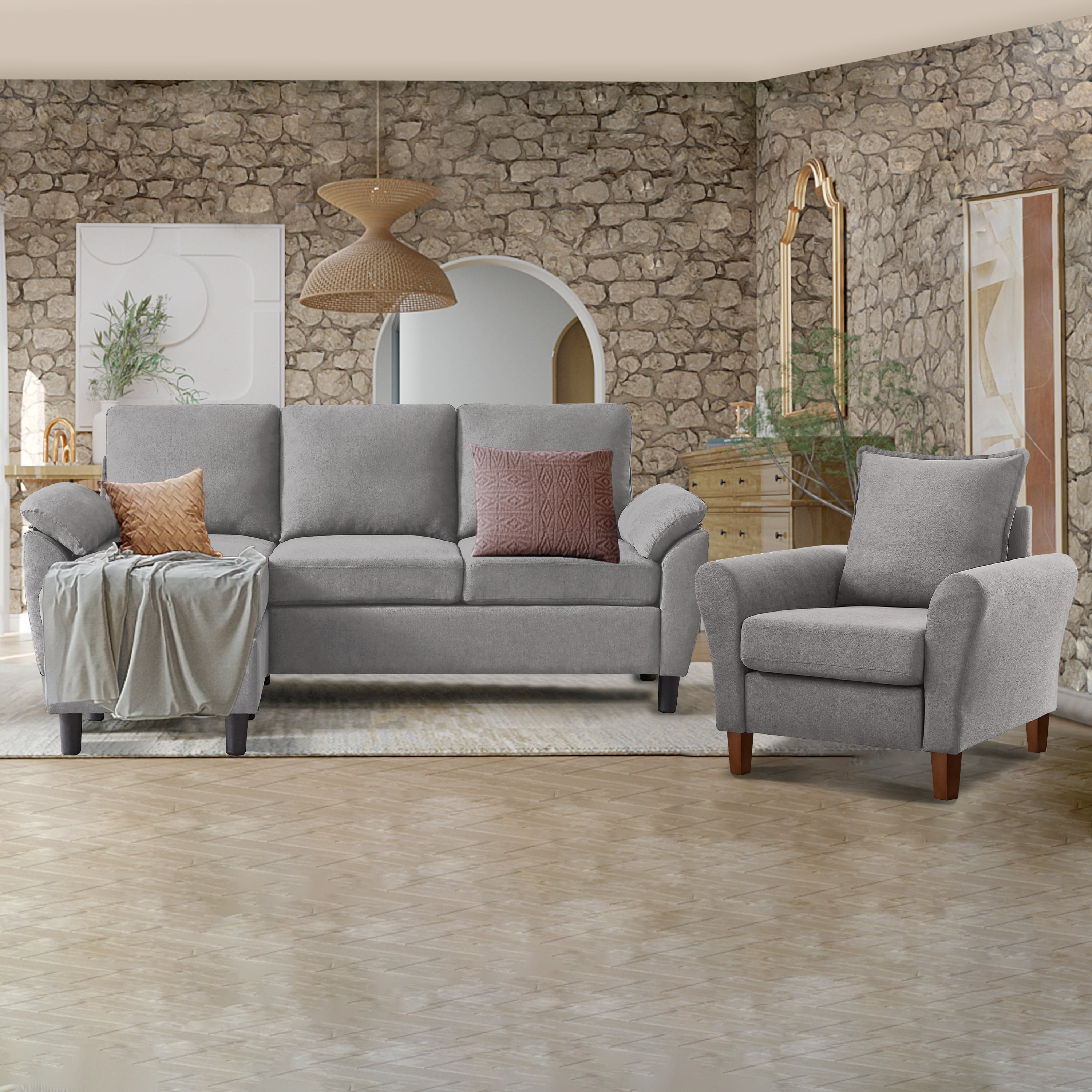 3-Piece Living Room Sectional Sofa Set with Chair and Ottoman Charcoal