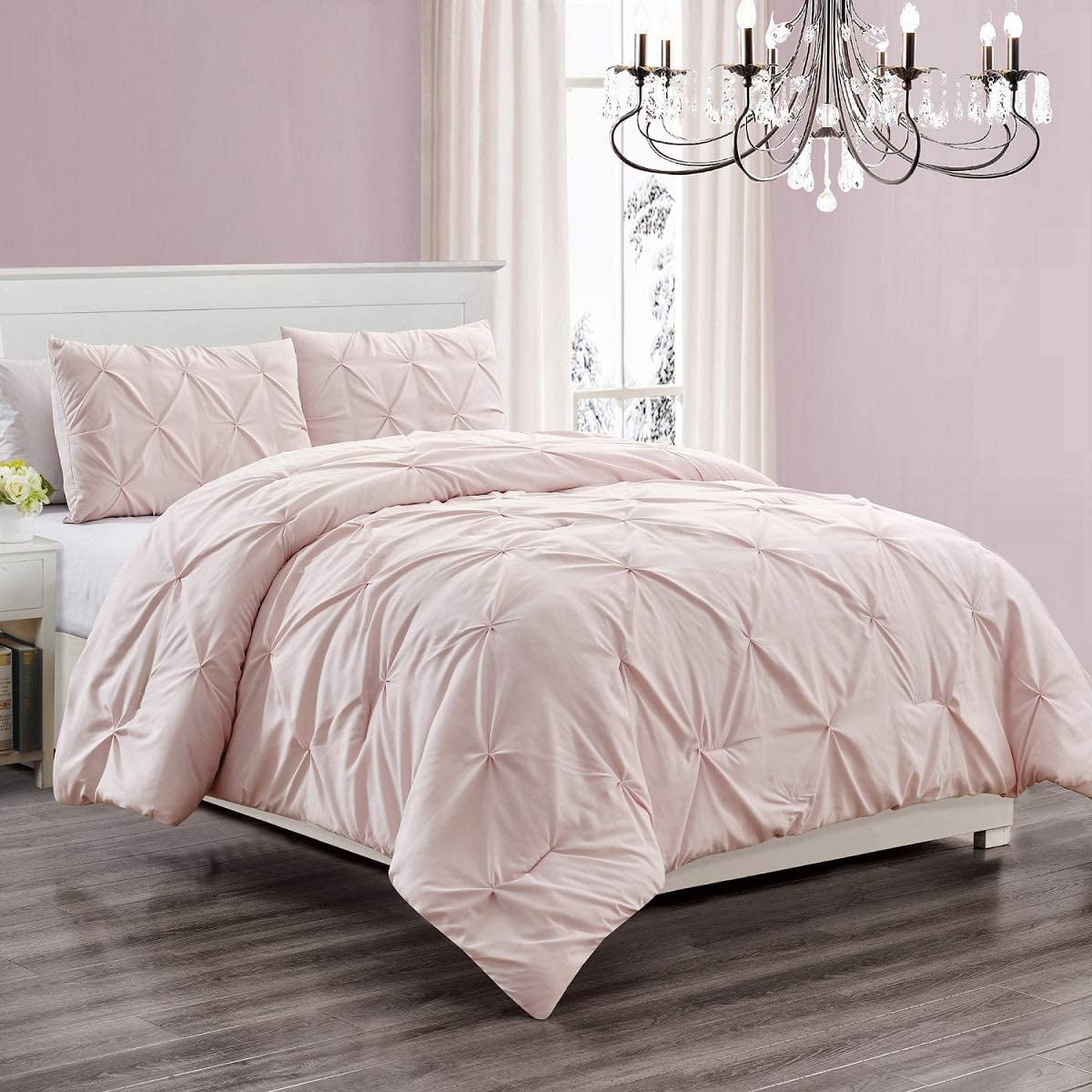 Juego de Edredón de Microfibra de 3 Piezas, Ropa de Cama Alternativa con Pliegues, Decoración de Dormitorio para Niñas de Color Rosa Rubor, Tamaño QUEEN para Todas las Estaciones, JN1