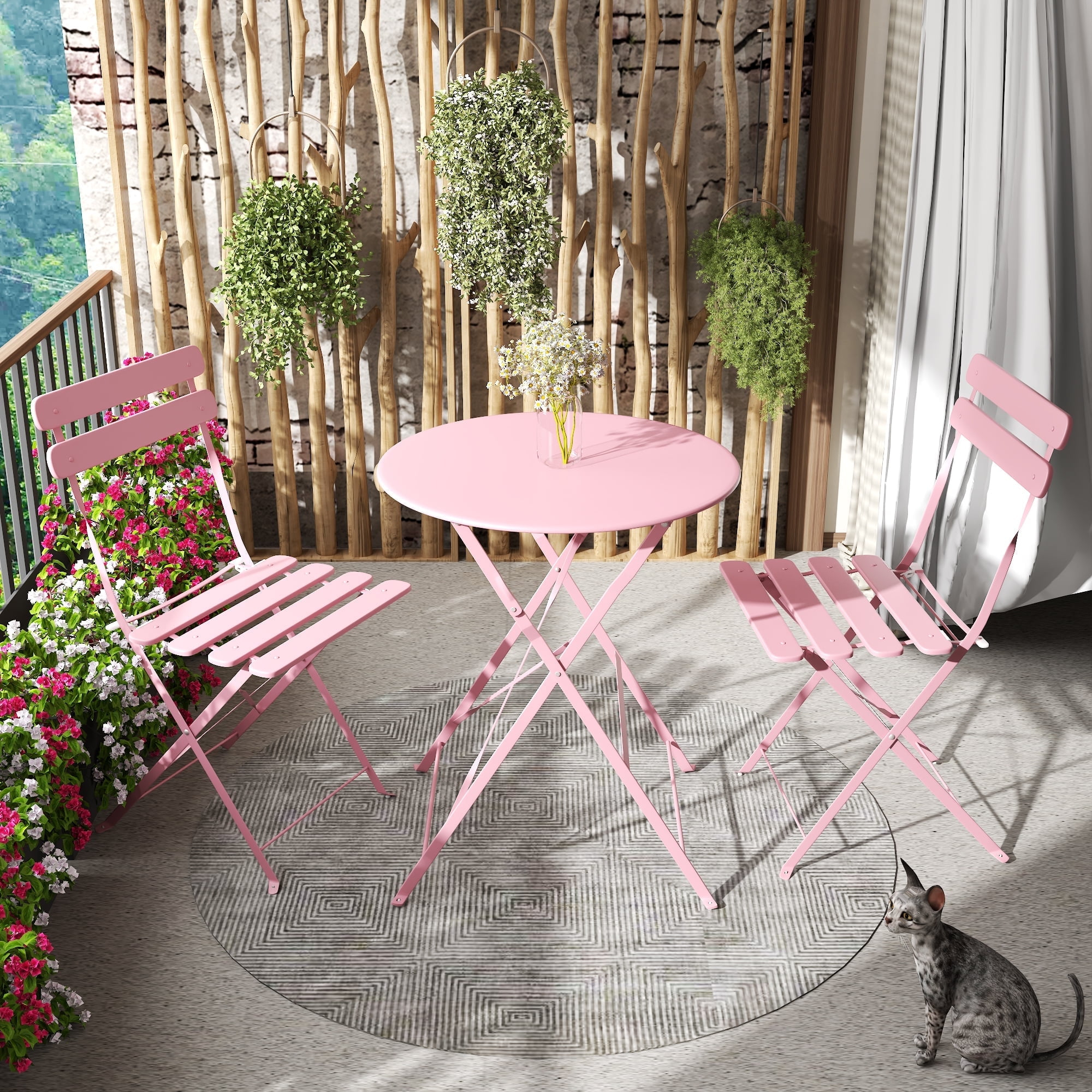 3-Piece Patio Bistro Set Outdoor Furniture Set Folding Bistro Table and Chairs with Premium Steel Frame Weather Resistant Conversation Set for Bistro Balcony Porch Yard Garden(pink with cushion)