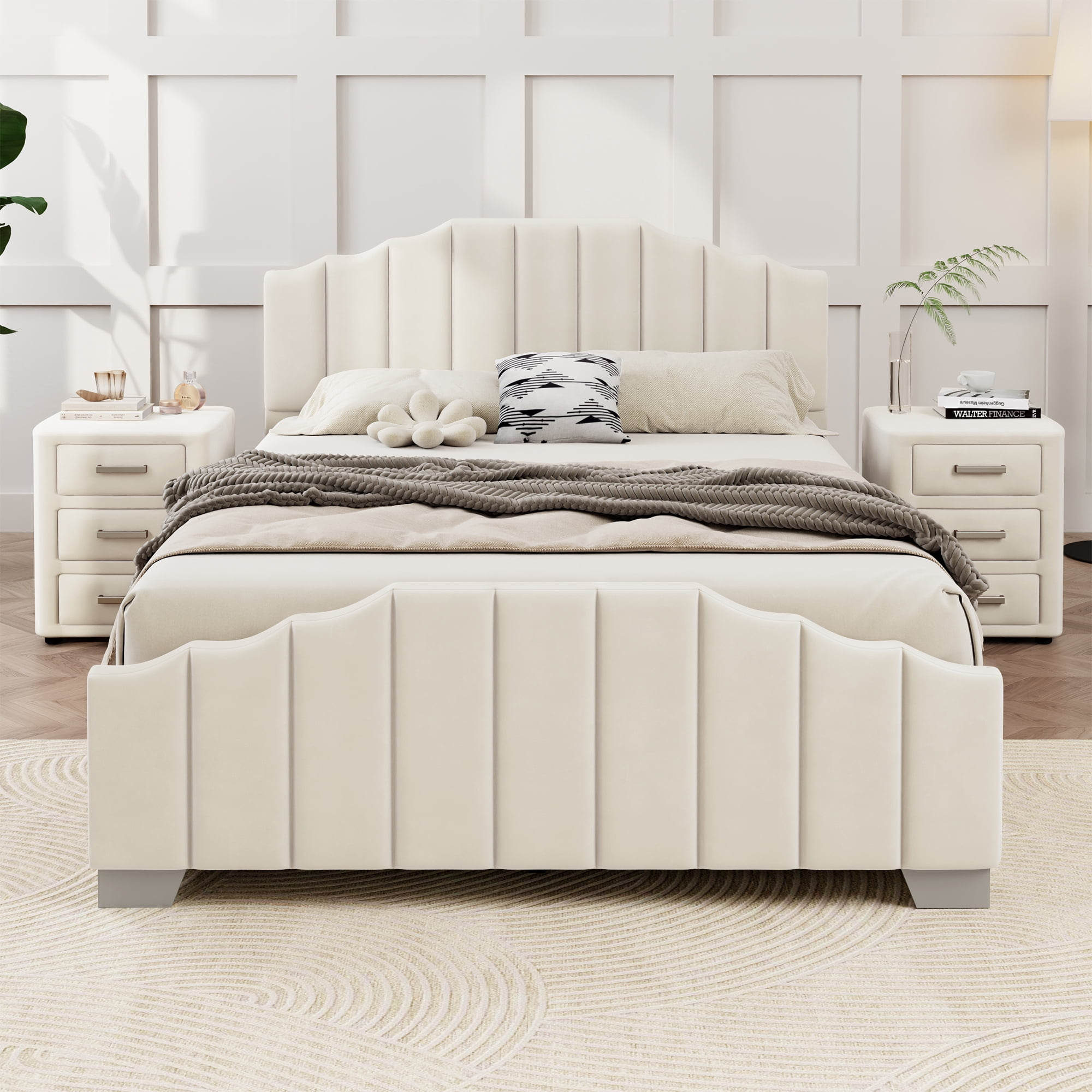 Beige Velvet Full Size Bed Set with Channel Tufted Headboard and Nightstands