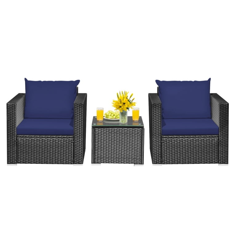 Kadyn Patio Furniture Sets, Outdoor Bistro Conversation Set, 3 Pieces Patio Wicker Conversation Set with Cushion-Navy
