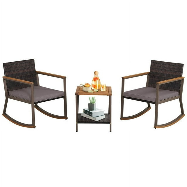 3 Pieces Rattan Rocking Bistro Set, Patio Conversation Sets with Coffee Table and Cushions-Off Navy