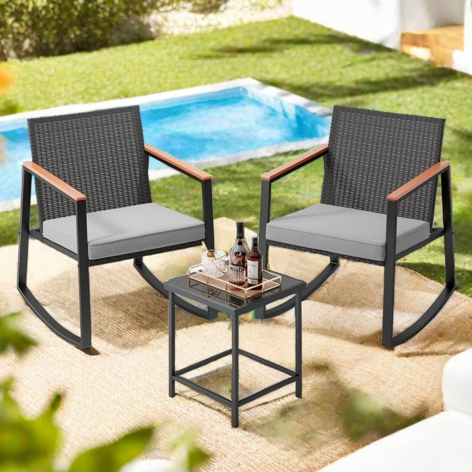Patio Furniture Set Clearance, 3 Pieces Rocking Wicker Chair with Soft Cushion and Glass Coffee Table, for Garden, Balcony, Backyard, Gray