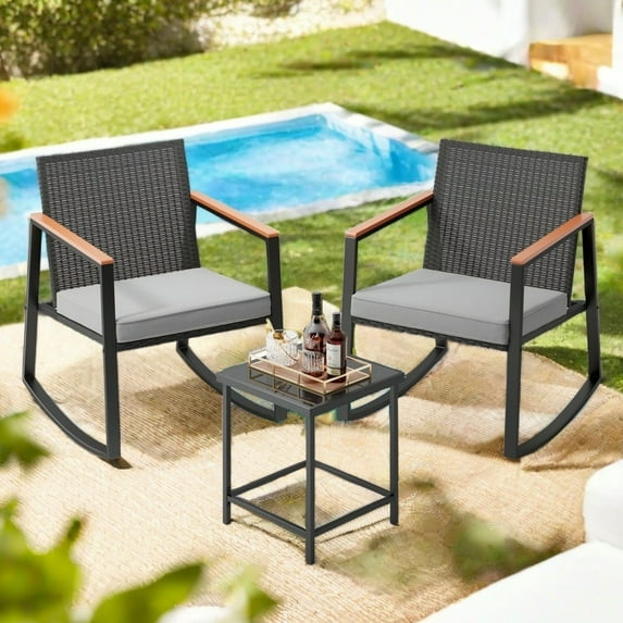 Patio Furniture Set Clearance, 3 Pieces Rocking Wicker Chair with Soft Cushion and Glass Coffee Table, for Garden, Balcony, Backyard, Gray