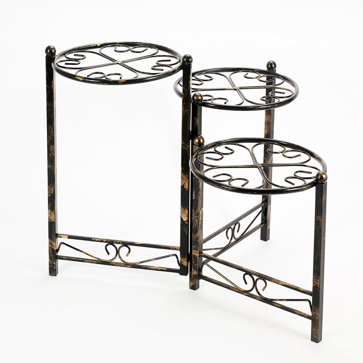 3 Tier Heart Clover Design Round Top Metal Plant Stand, Black- Saltoro Sherpi