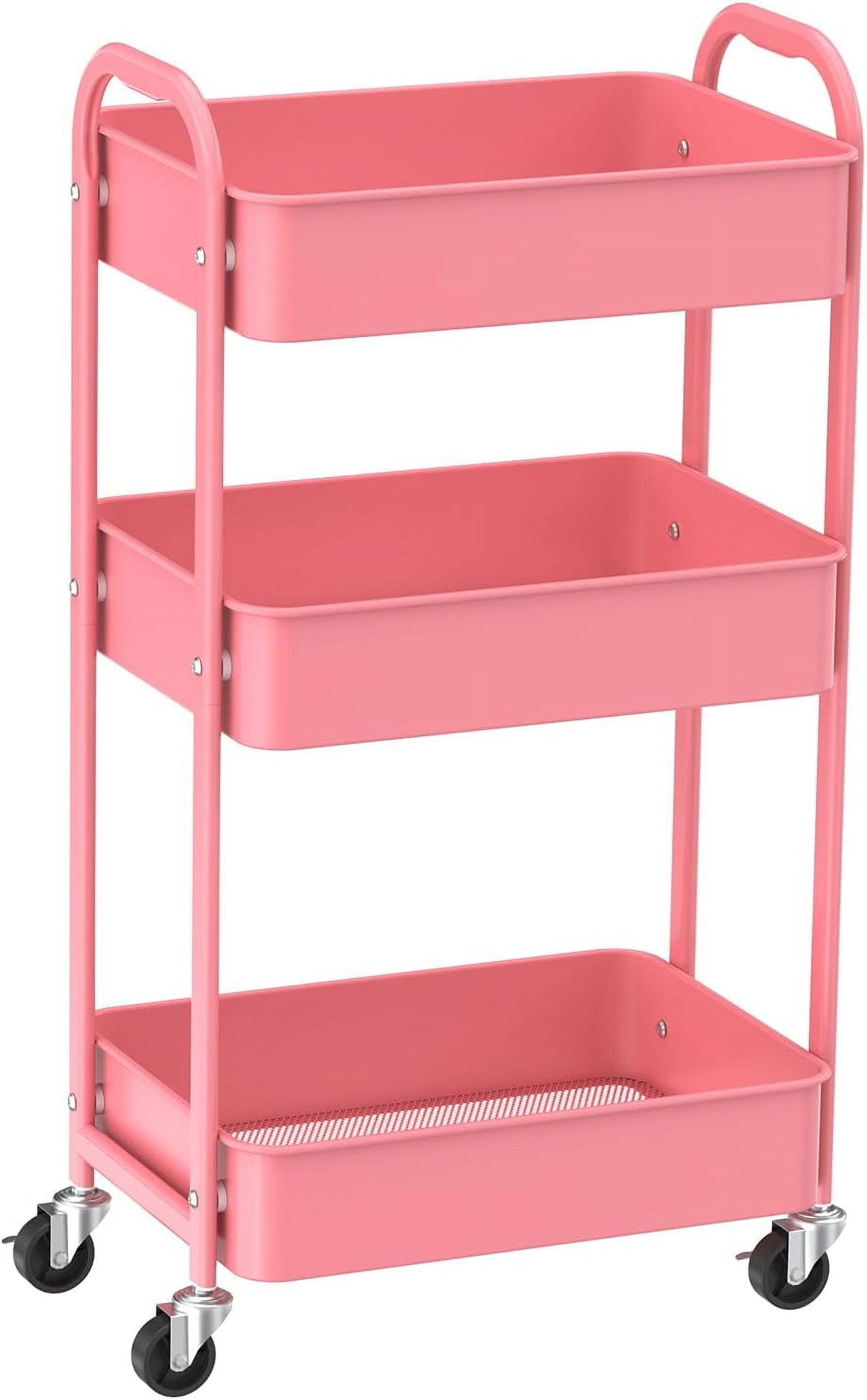 3-Tier Kitchen Cart Multifunctional Rolling Utility Cart with Lockable Wheels,Storage Craft Art Cart Trolley Organizer Serving Cart Easy Assembly for Office, Bathroom, Kitchen,Nursery(Pink)