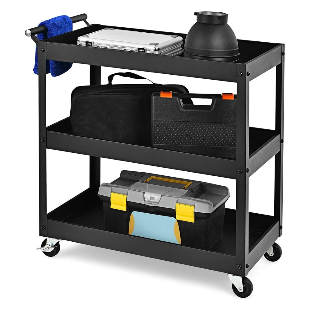 3-Tier Utility Cart, Heavy Duty Commercial Service Tool Cart w/Lockable Wheels, 330lbs Load Capacity, Ergonomic Handle, Rolling Mechanic Tool Cart Storage Organizer for Warehouse Garage Black