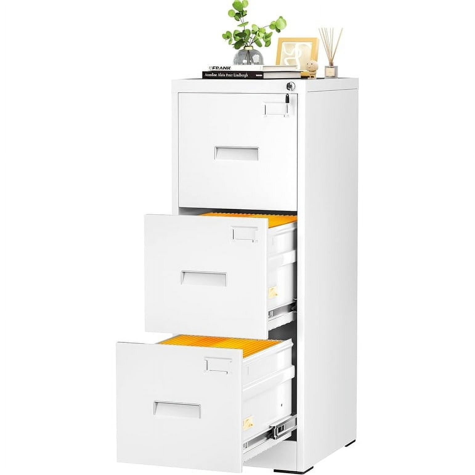 3 Drawers Vertical File Cabinets - 17.8" Deep Lockable Filing Cabinet - White Metal Storage Cabinets for Home Office to Hanging Files Letter/Legal/F4/A4 Size