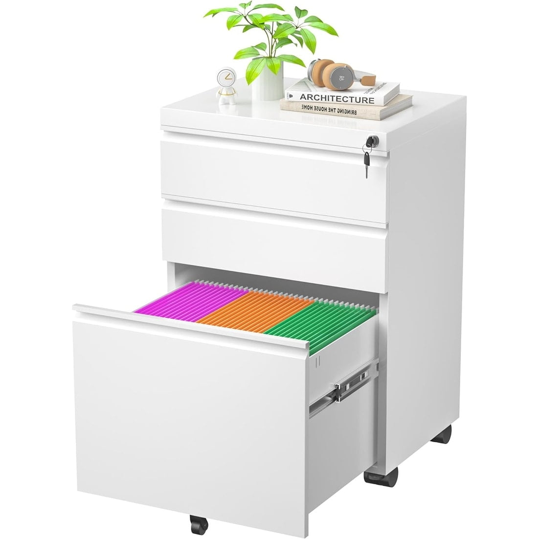 SOLAURA 3 Drawer Mobile File Cabinet with Lock & Wheels, Fully Assembled Rolling Filing Cabinet Except Casters, Under Desk Metal Storage for Office, Fits Legal/Letter/A4 Size(Assembled, White)