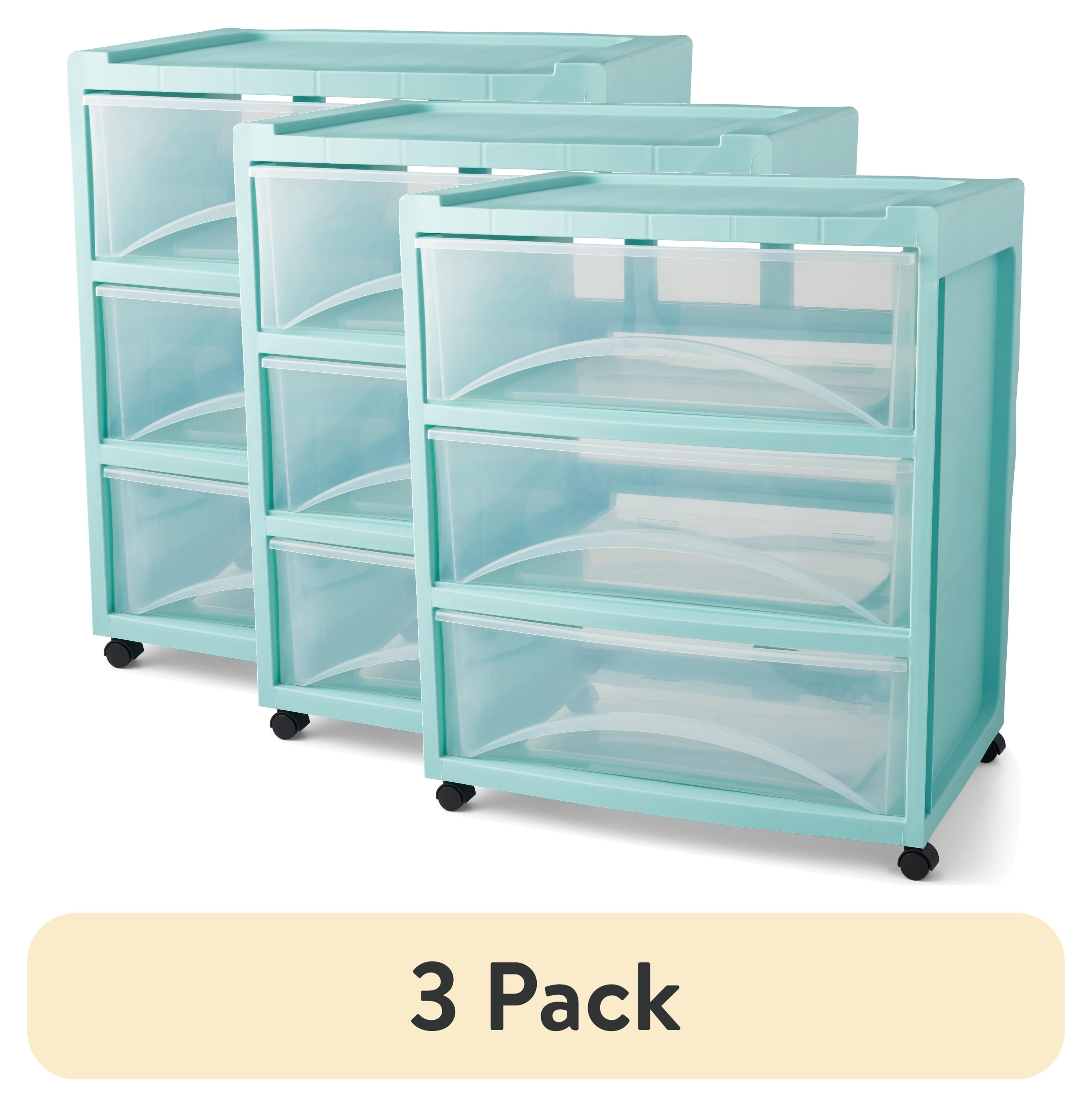 Mainstays 3-Drawer Wide Plastic Storage Cart, Mint, with Casters