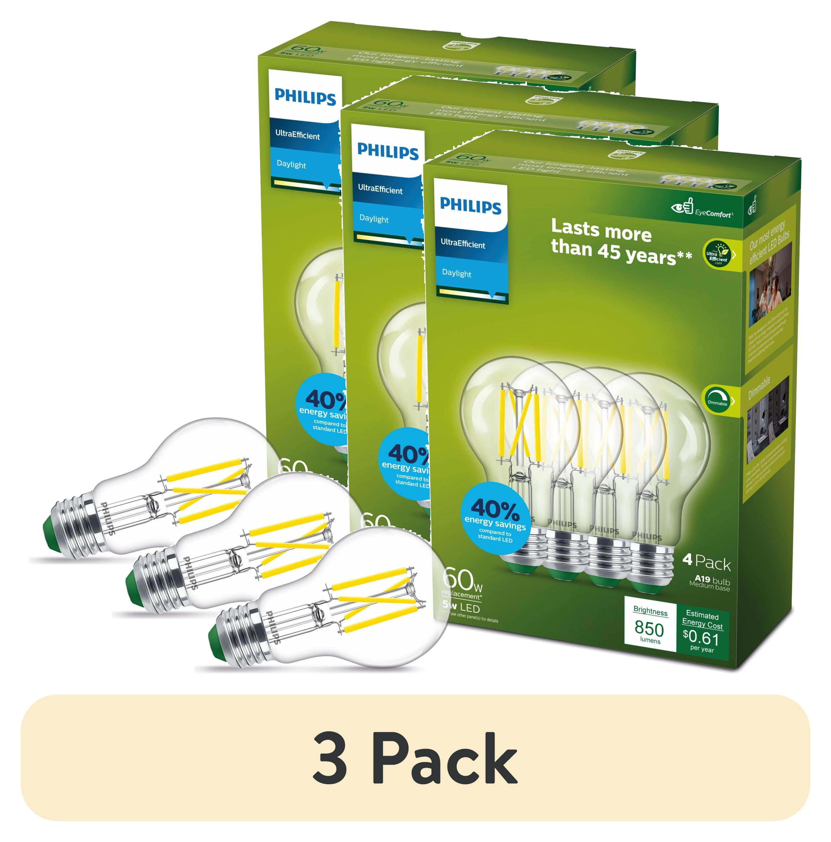 Philips Ultra Efficient LED 60-Watt A19 Light Bulb, Daylight, Clear, Dimmable, E26 Base (4-Pack)