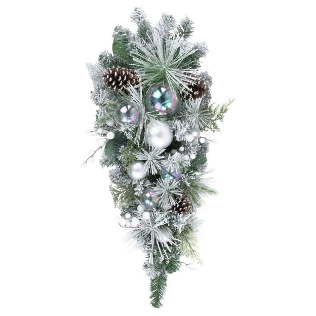 Northlight Seasonal 30" Flocked Pine Artificial Christmas Teardrop Swag with Iridescent Ornaments - Unlit