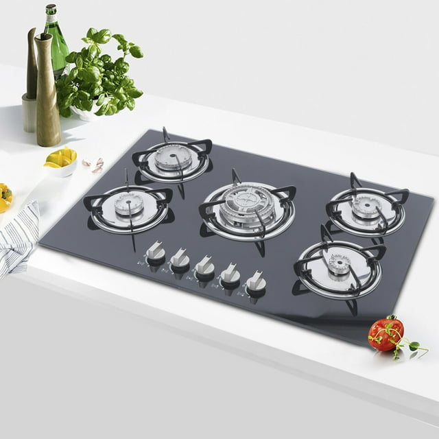 30"  Gas Stove Cooktop, 5 Burners Built-in Tempered Glass LPG/NG Stove with Flameout Protection for Kitchen Black