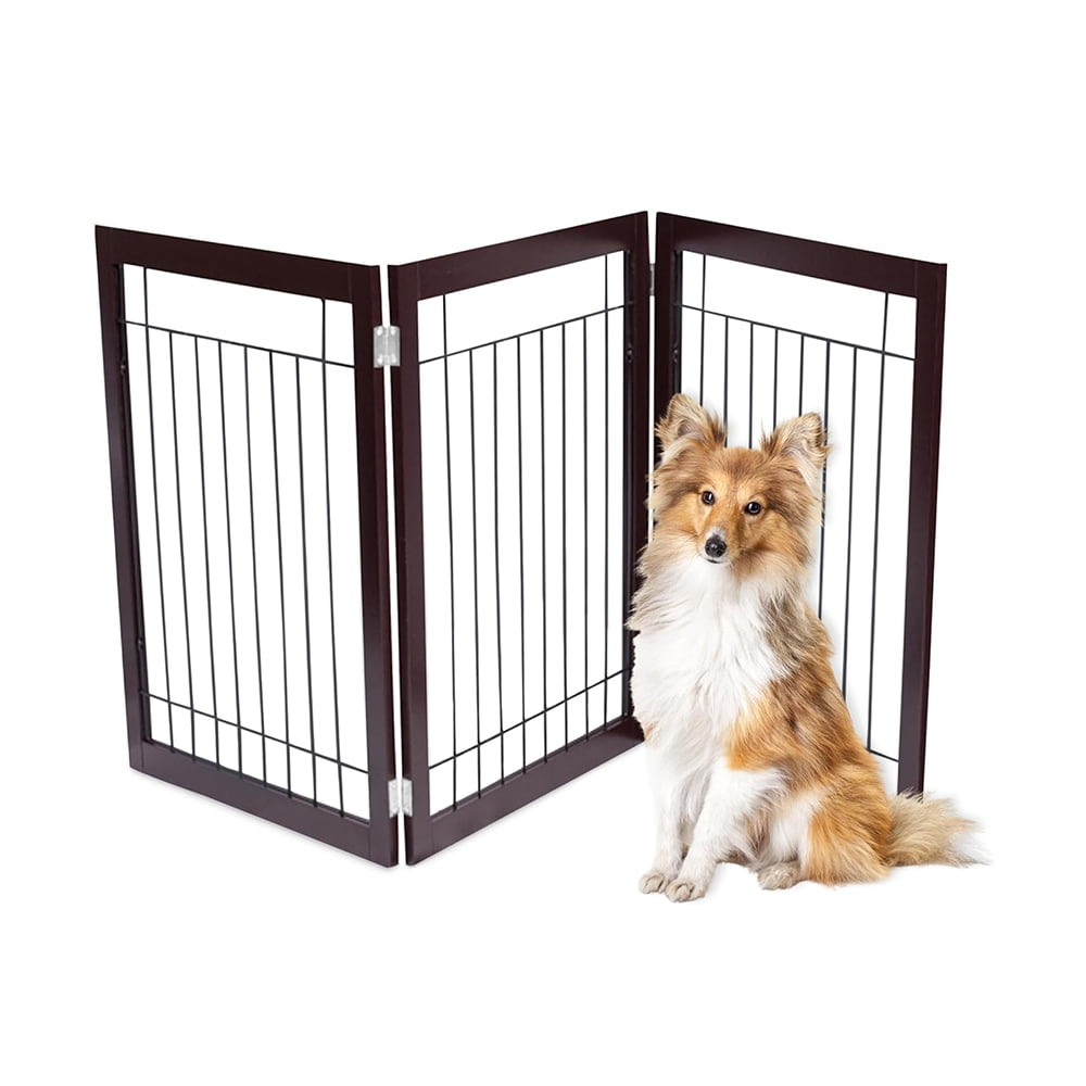Espresso Freestanding 3-Panel Dog Gate with Wire Mesh