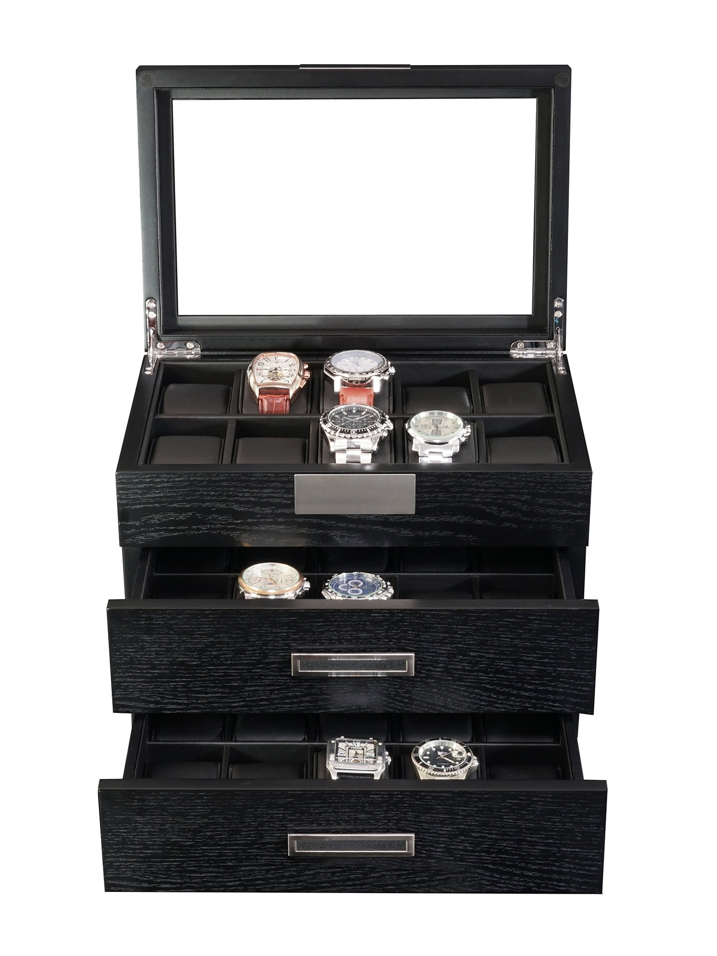 30-Piece Black Ebony Wood Watch Extra Height Clearance Display Case and 3 Drawer Storage Organizer Box
