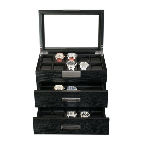30-Piece Black Ebony Wood Watch Extra Height Clearance Display Case and 3 Drawer Storage Organizer Box