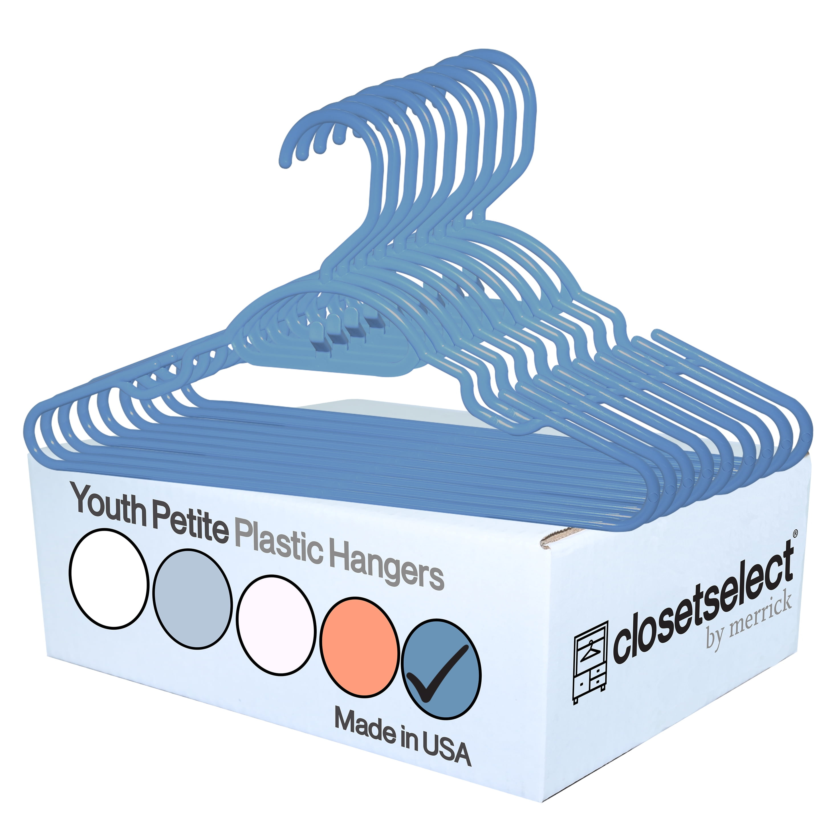 30 Pk Youth Petite Plastic Hangers, Medium Size Hangers, Petite, Preteen, Junior, Children Clothes Sizes 8 to 14, 30 Pack (Waltz Blue)