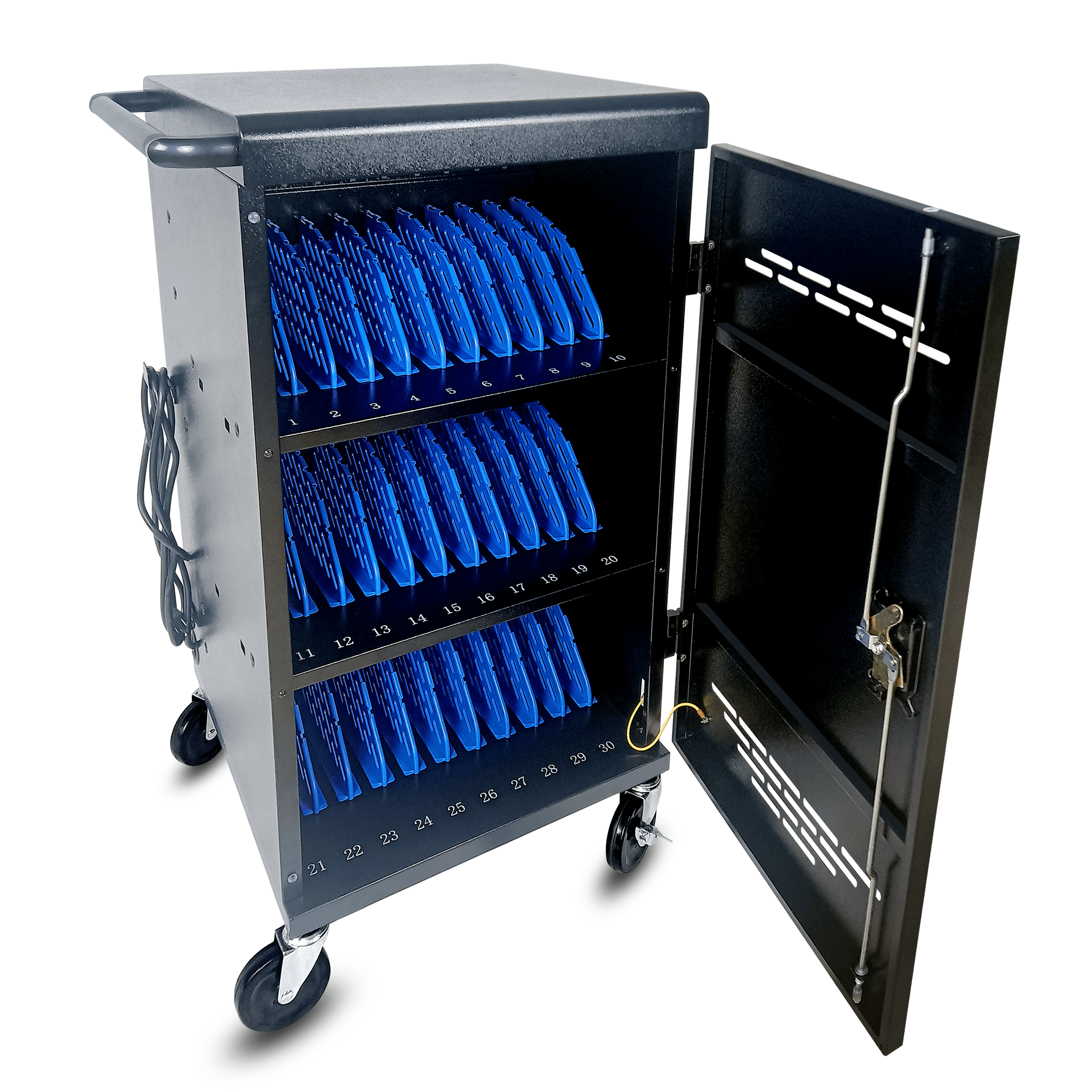 30 Unit Device Charging Station for Chromebook, iPad, 14'' Laptop - Charging Cart with Charger Cable Management, Circuit Breaker, Grounding Protection, Assembly Required