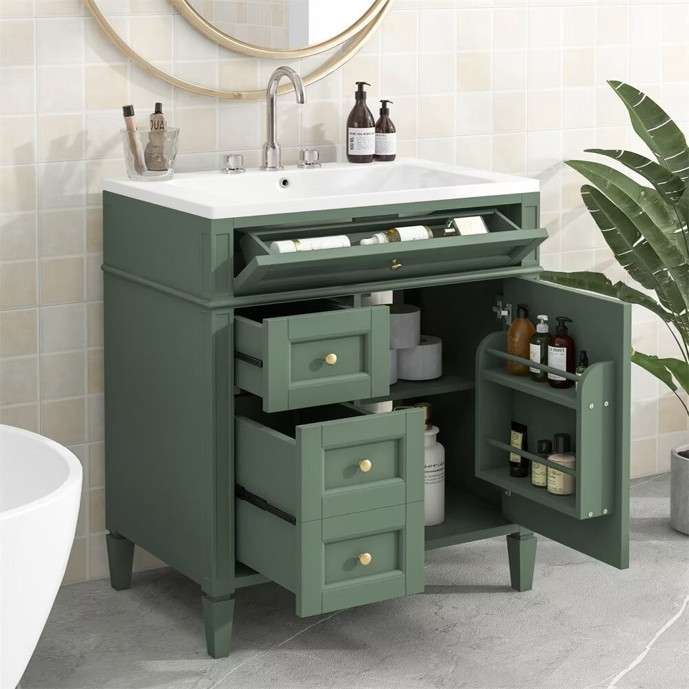 30 inch Bathroom Vanity with Top Sink, Modern Bathroom Storage Cabinet with 2 Drawers and a Tip-out Drawer, Freestanding Single Sink Bathroom Vanity, Green