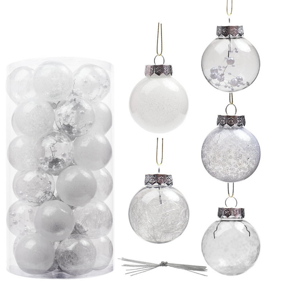 30Pcs Christmas Ball Ornaments- NOGIS 60mm/2.36" Shatterproof Clear Plastic Xmas Balls Baubles Set with Stuffed Delicate Sparkling, Hanging Christmas Tree Decorations (White)
