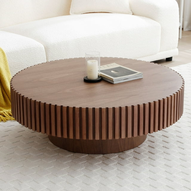 31.49'' Round Coffee Table, Wood End Table for Living Room, Modern Contemporary Circle Fluted Drum Side Table, Easy Assembly for Small Space, Walnut