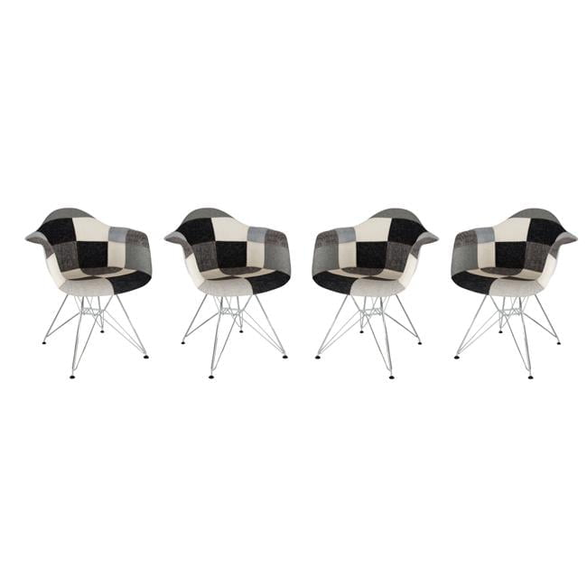 LeisureMod Willow Patchwork Fabric Eiffel Base Accent Armchair Set of 4