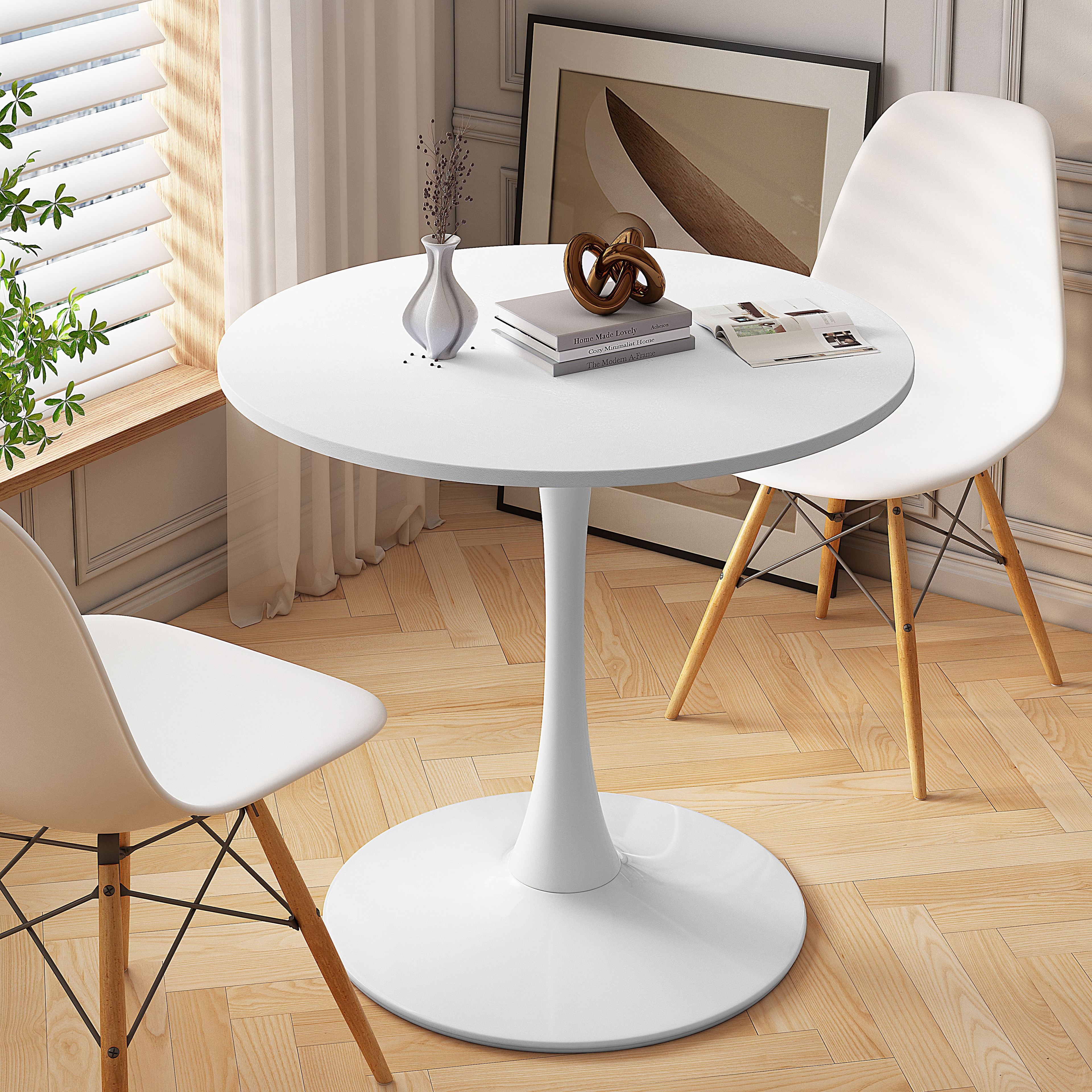 32" Round Coffee Table, Accent Table with MDF Table Top, Metal Base, Modern Side End Table for Dining Room, Kitchen, Living Room, White.