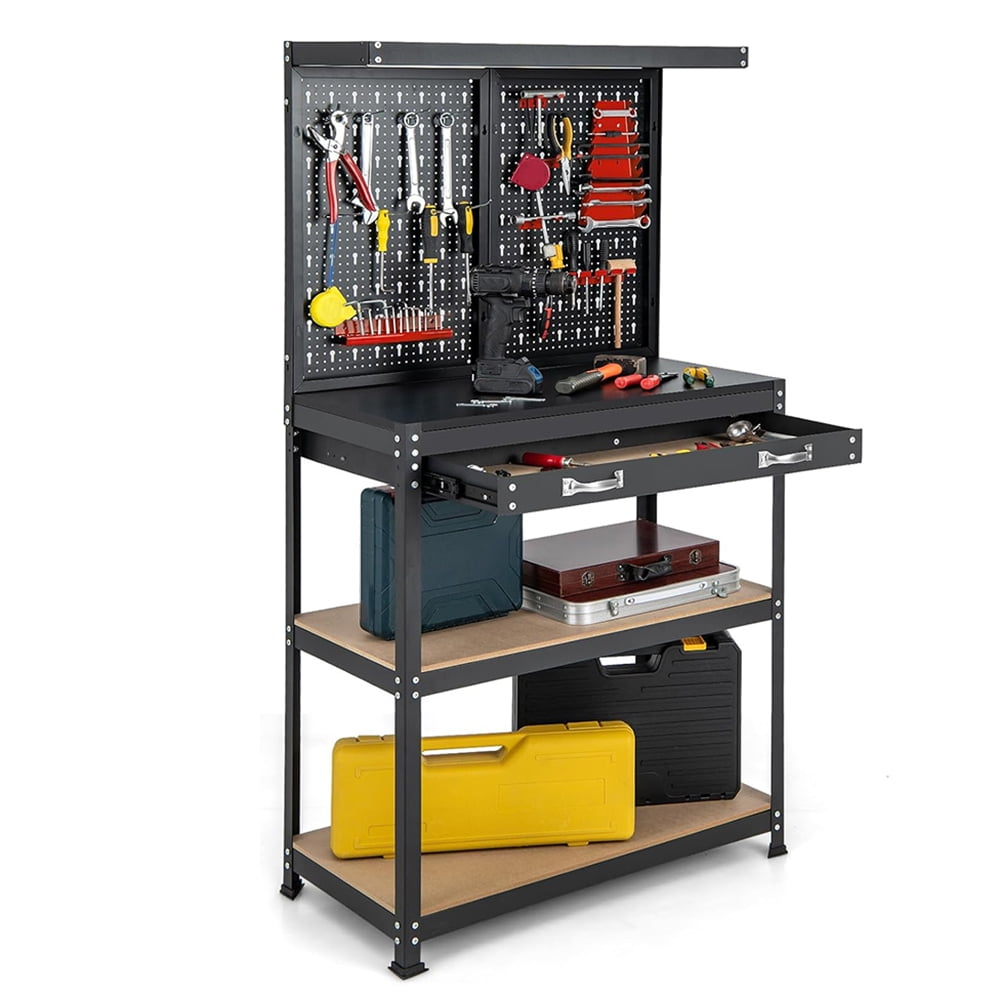 Topcobe 32 x 16 Inch Workbench Work Table with 2 PCs Pegboard Drawer and Shelves, Modern Furniture for Indoor-Black