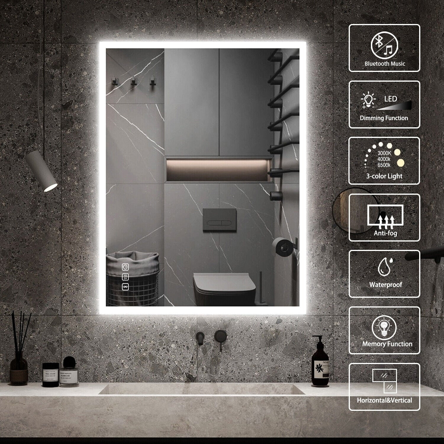 32" x 24" Rectangular Frameless Anti-Fog Wall Mounted Dimmable LED Bathroom Vanity Mirror - 24*32"