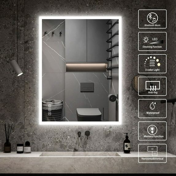 32" x 24" Rectangular Frameless Anti-Fog Wall Mounted Dimmable LED Bathroom Vanity Mirror - 24*32"