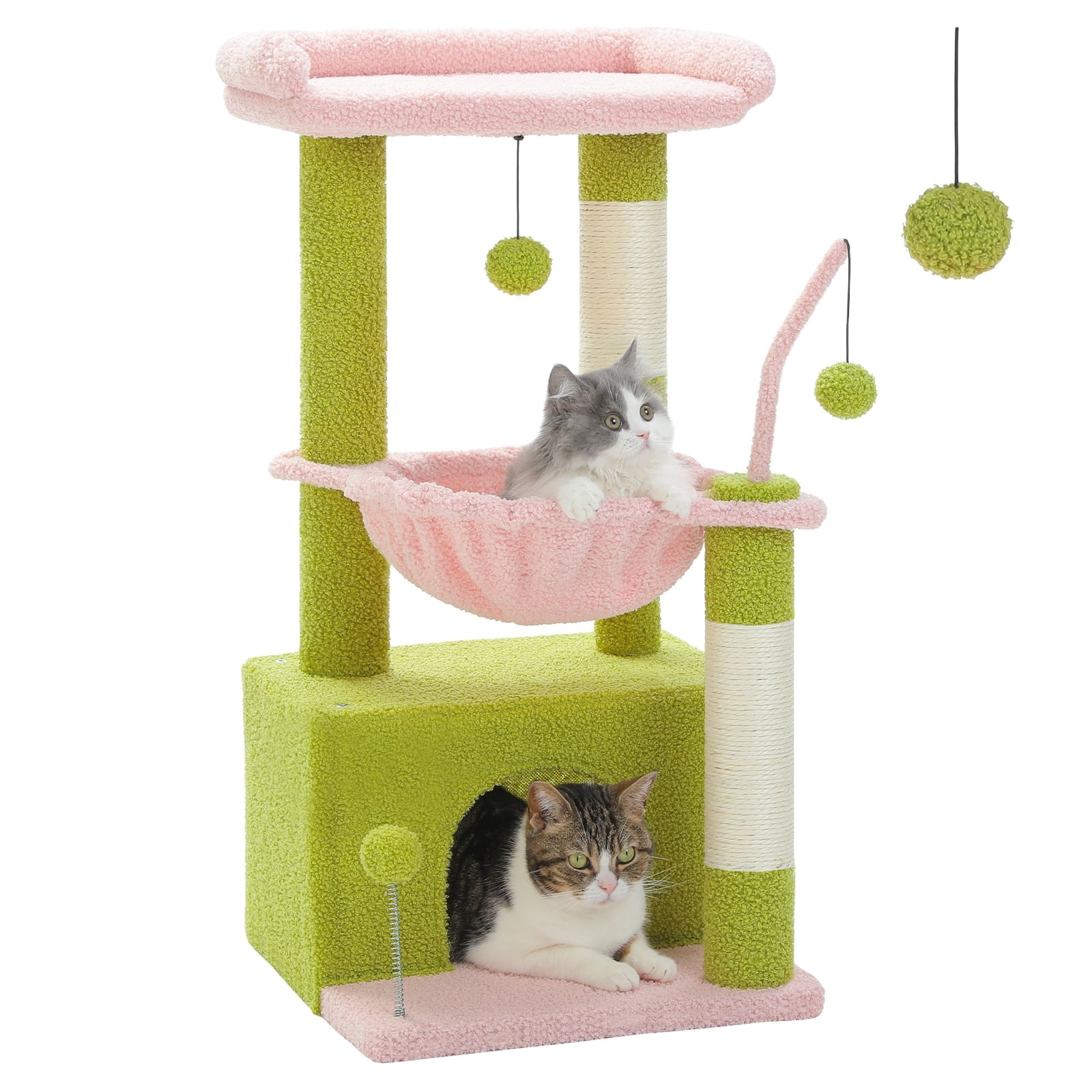 PEQULTI 4-In-1 Multi-Level Cat Tower, 33'' Pink Cat Tree For Indoor Cats With Large Cat Condo, Cat Scratching Post For Cats With Deep Hammock& Cozy Top Perch