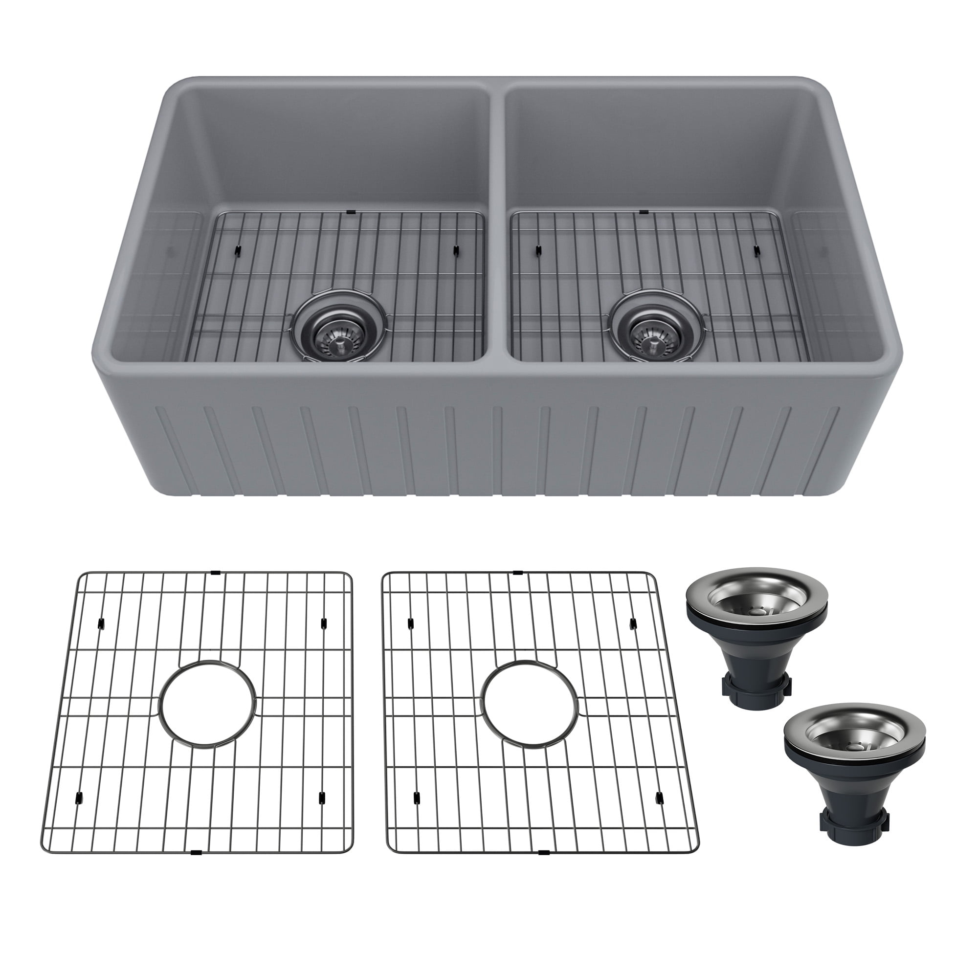 33-Inch Striped Farmhouse Reversible Apron Front Fireclay Double Bowl Kitchen Sink with Grid and Drainer，Matte Grey