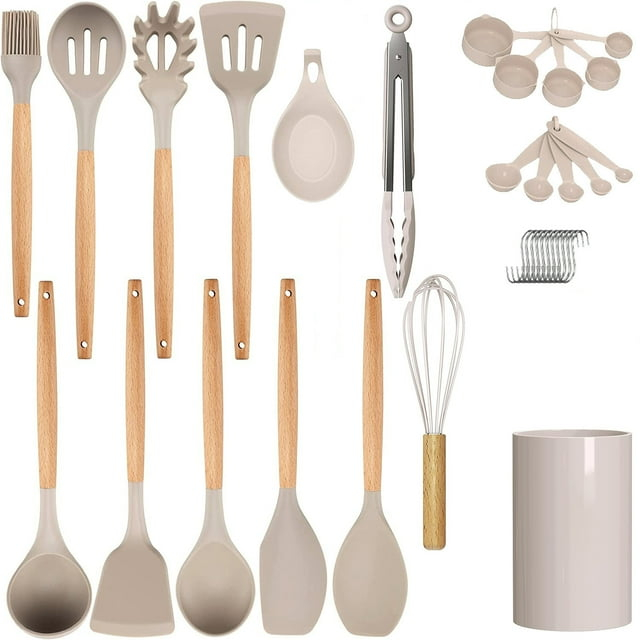 33 Pcs Silicone Kitchen Utensils Set, Khaki Kitchen Cooking Utensils Set with Natural Hard Wood Handle, Silicone Utensils Set with Holder, Heat Resistant, BPA Free, Non Toxic