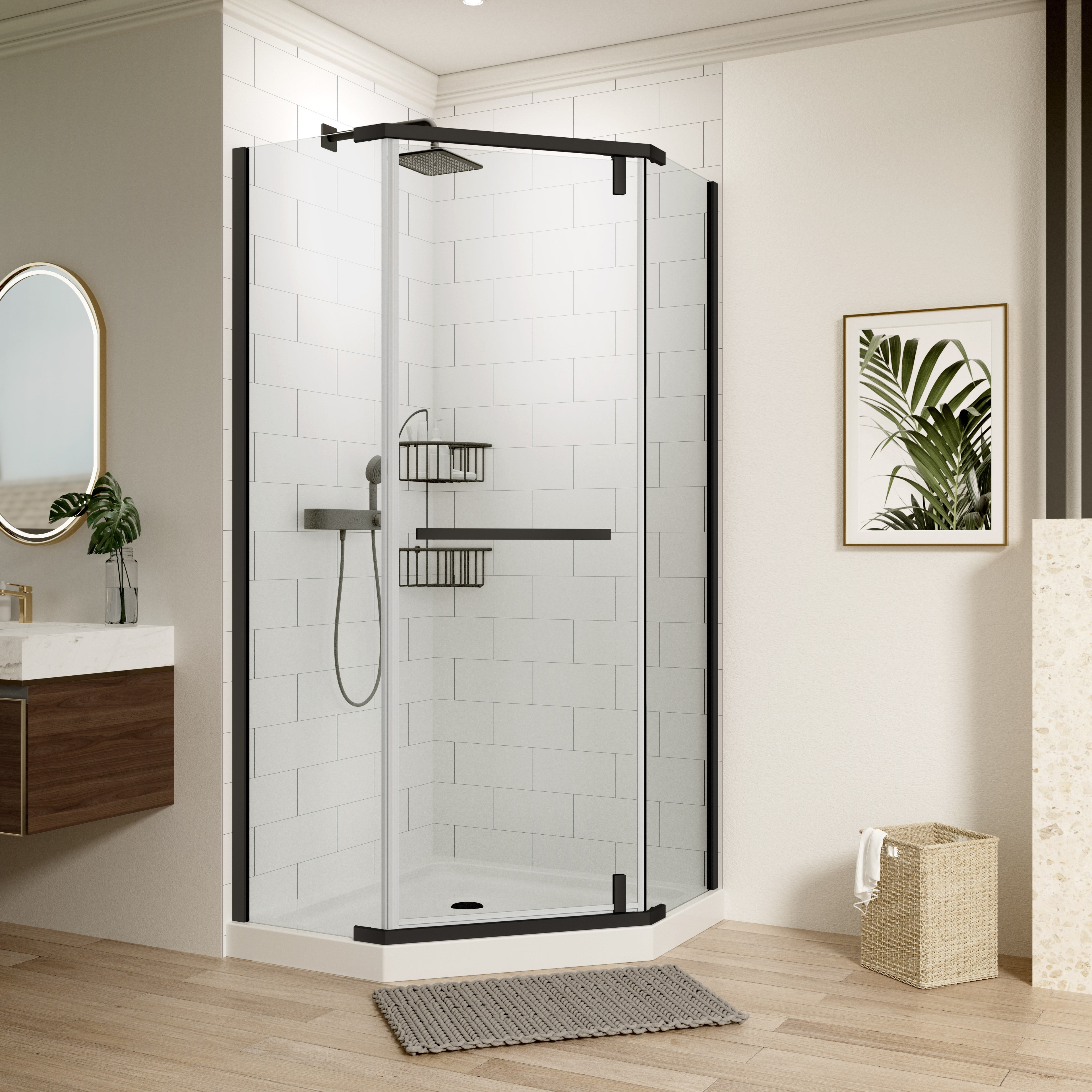 34.75" Wx72 H Neo-Angle Frameless Shower Door,Corner Shower Enclosure 304 Stainless Steel Handle,Pivot Shower Door with 1/4 in(6mm) Thick Tempered Clear Glass（Shower Base Not Included Black