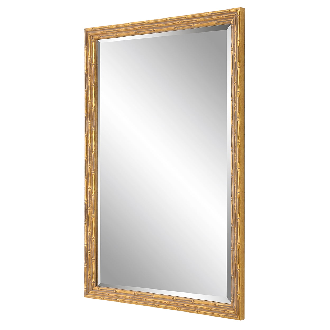 34 Inch Wood Rectangular Wall Mirror, Bamboo Design, Gold, Gray, Saltoro Sherpi