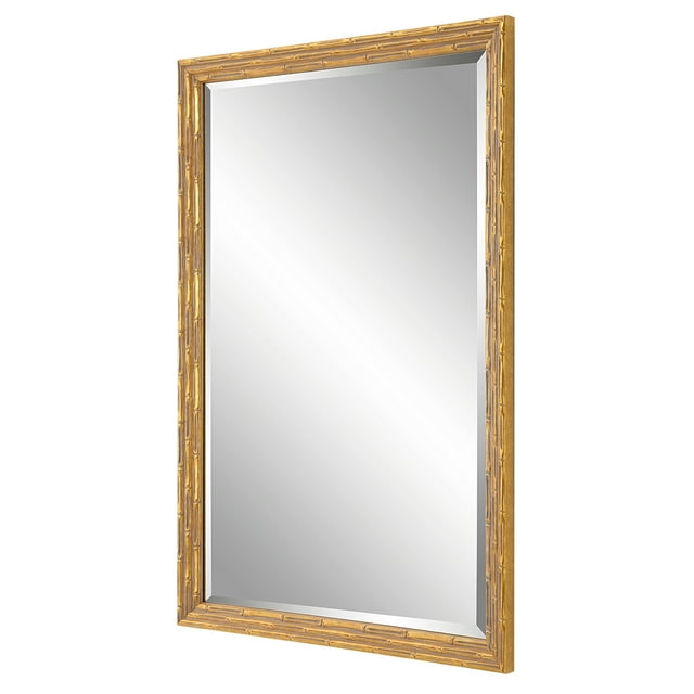 34 Inch Wood Rectangular Wall Mirror, Bamboo Design, Gold, Gray, Saltoro Sherpi