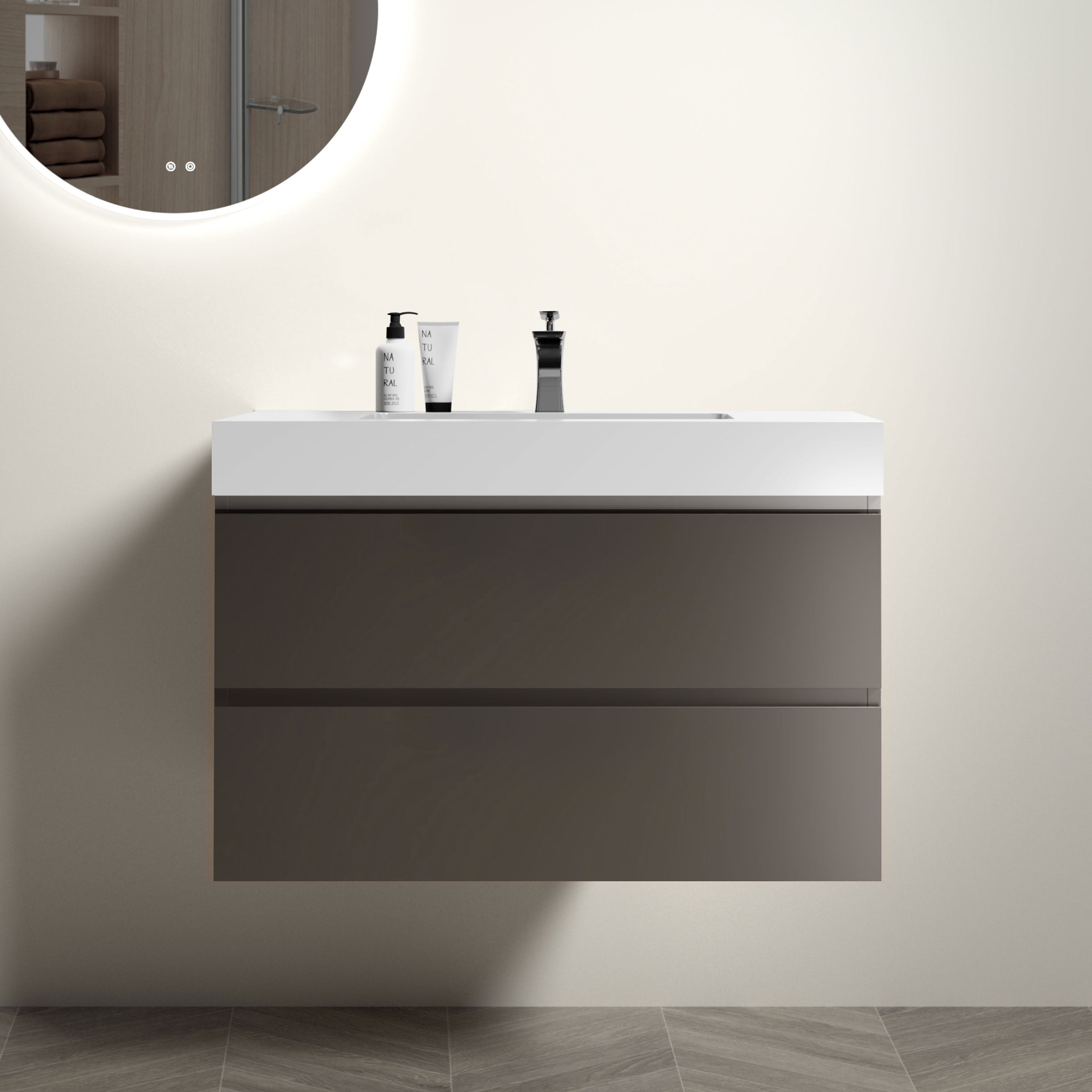 36" Gray Bathroom Vanity with Sink, Large Storage Wall Mounted Floating Bathroom Vanity for Modern Bathroom, One-Piece White Sink Basin Without Drain and Faucet, Pre-assembled