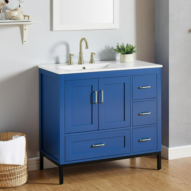 36'' Bathroom Vanity with Single Sink Combo, Modern Bathroom Sink Cabinet with 4 Drawers and Shelf, Wood Bathroom Storage Cabinet with Buffered Doors
