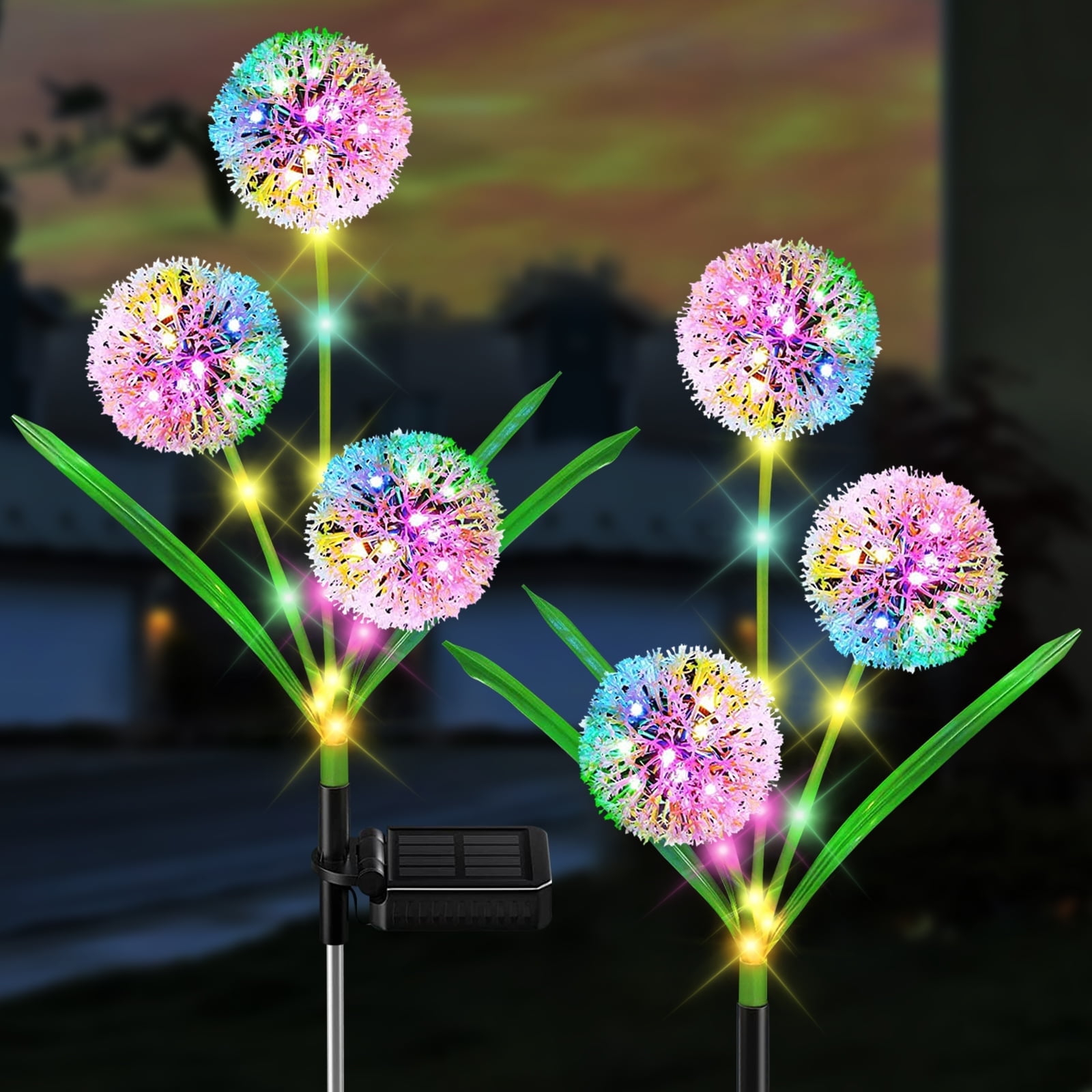 Solar Garden Lights Outdoor, 2 Pack 36 LED Solar Dandelion Lights, Waterproof Colorful Solar Lights for Yard, Lawn, Pathway and Wedding