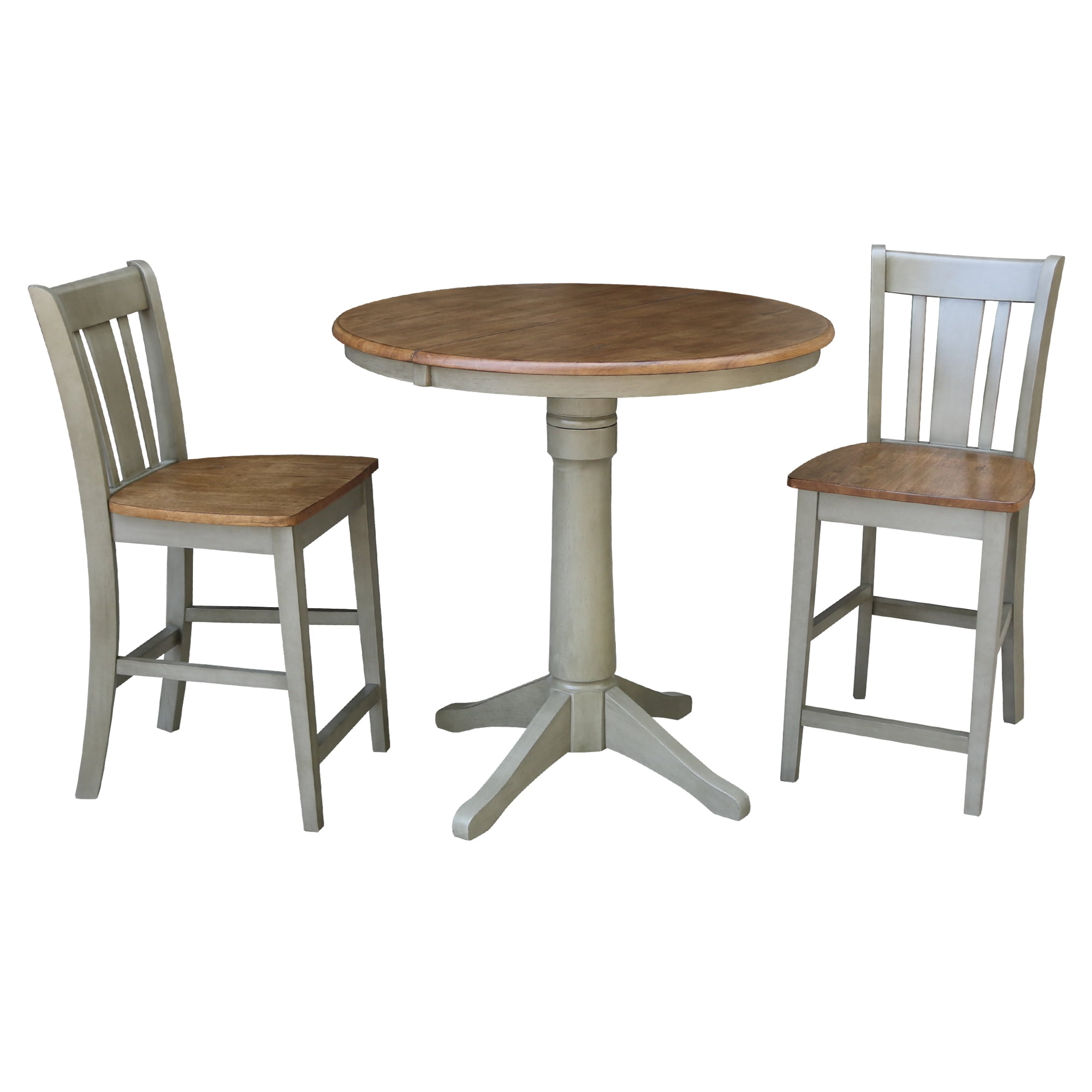 36 in. Round Extension Dining Table with 2 San Remo Counter Height Stools, Hickory & Stone - Set of 3
