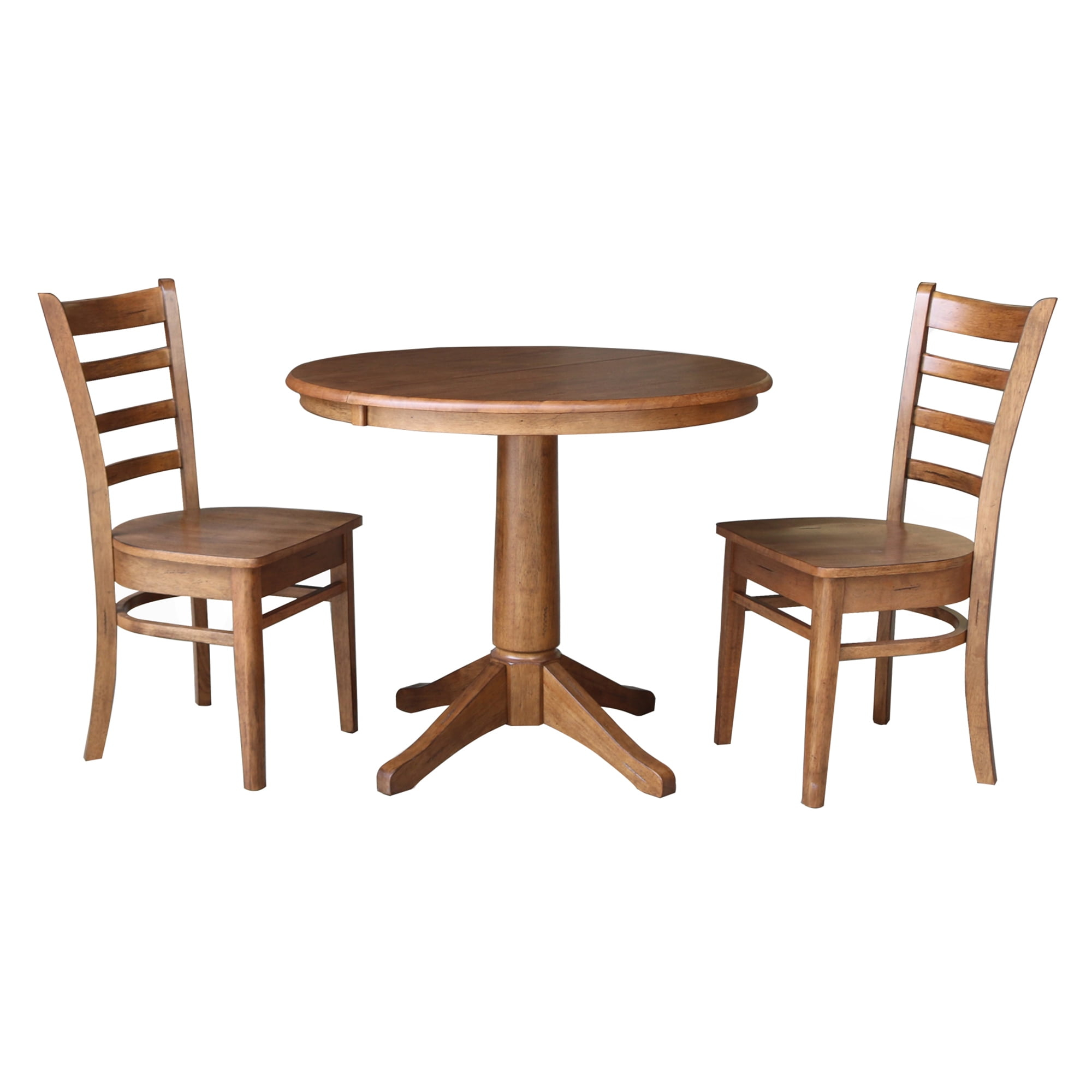 36" Round Solid Wood Extension Dining Table with 2 Chairs in Distressed Oak by International Concepts
