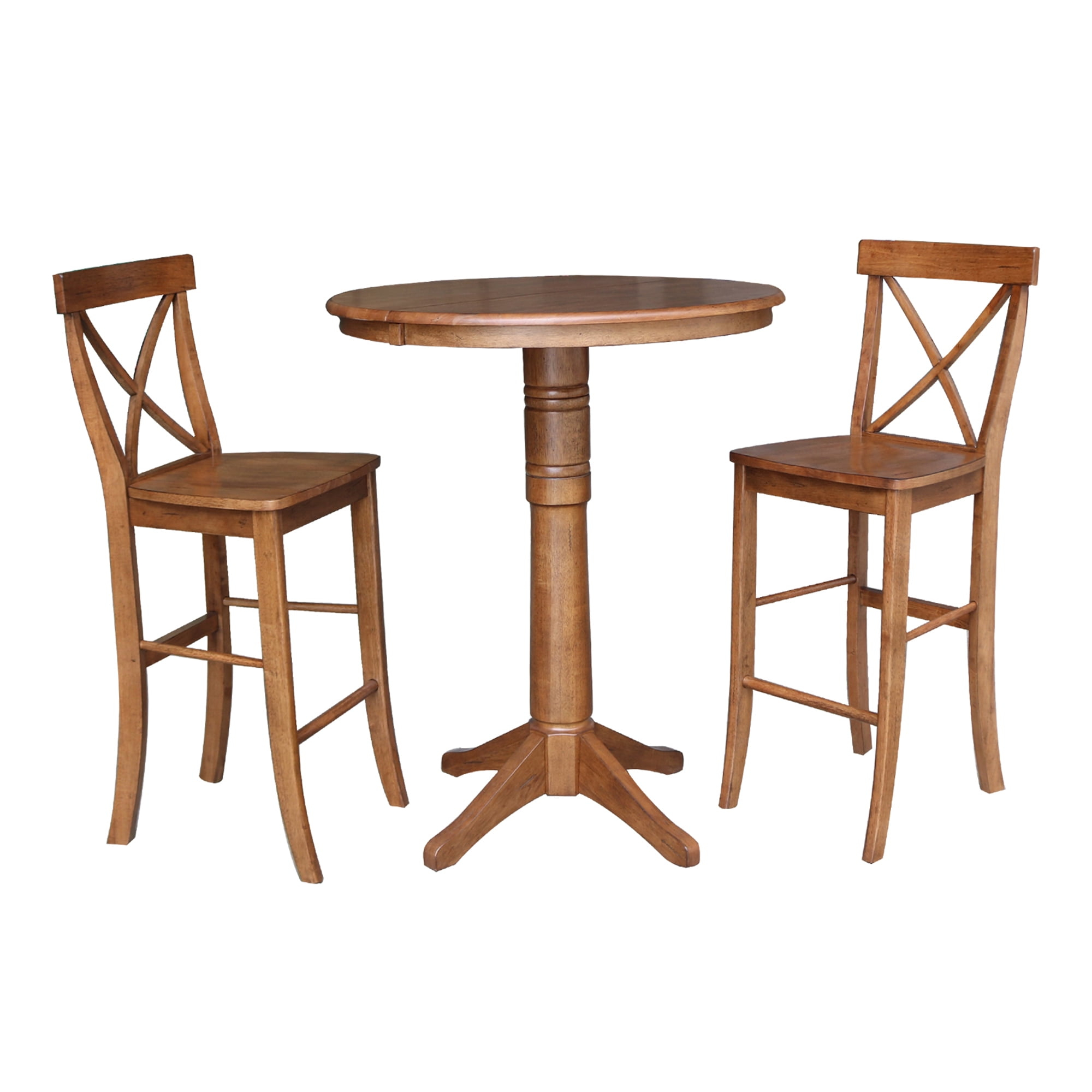 36" Round Solid Wood Extension Dining Table with 2 Cross Back Stools in Distressed Oak by International Concepts