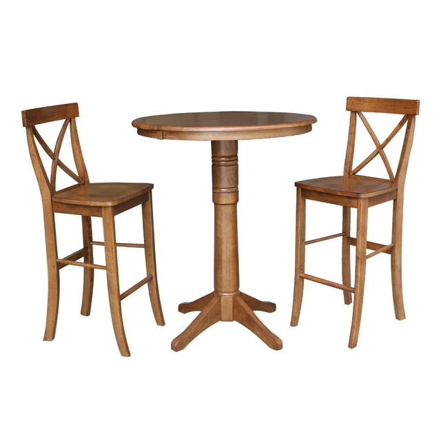 36" Round Solid Wood Extension Dining Table with 2 Cross Back Stools in Distressed Oak by International Concepts