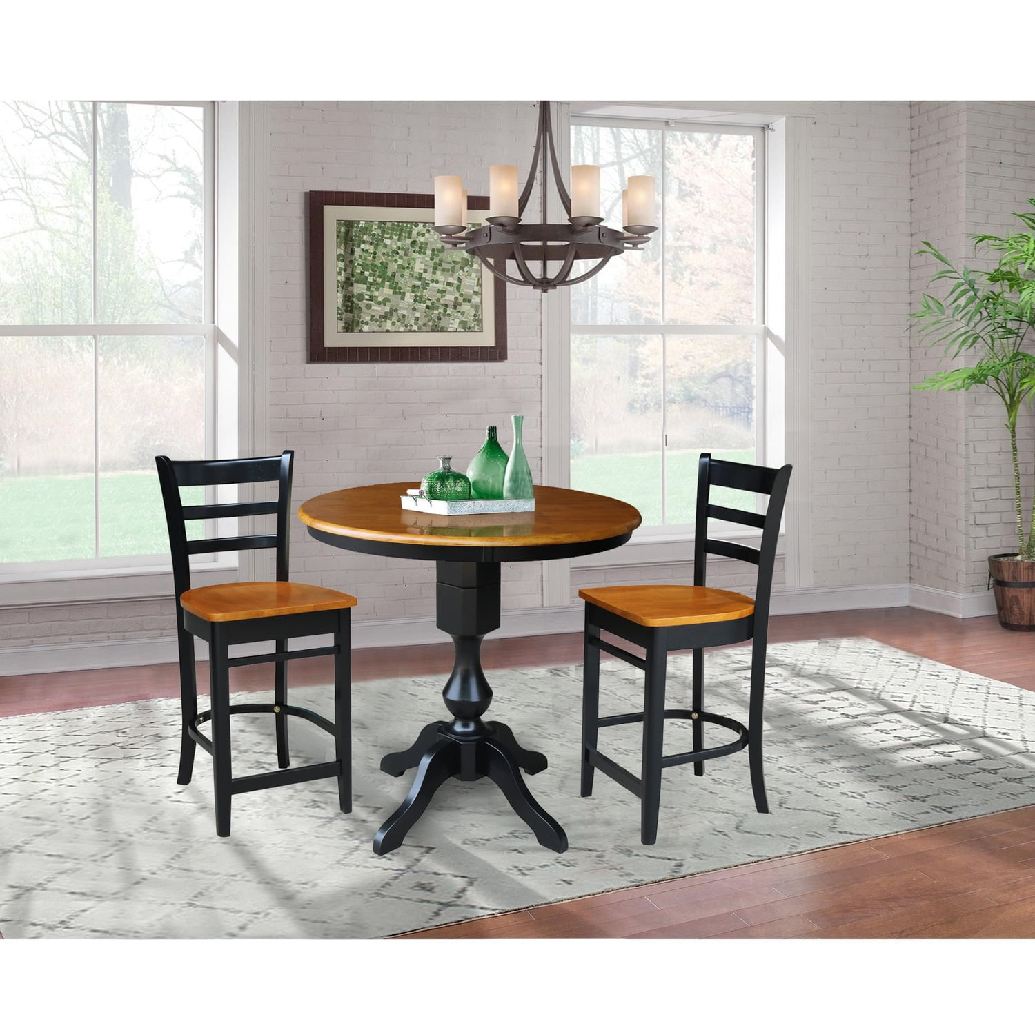 International Concepts 36 inches Round Pedestal Counter Height Table with 2 Emily Counter Height Stools - 3 Piece Set