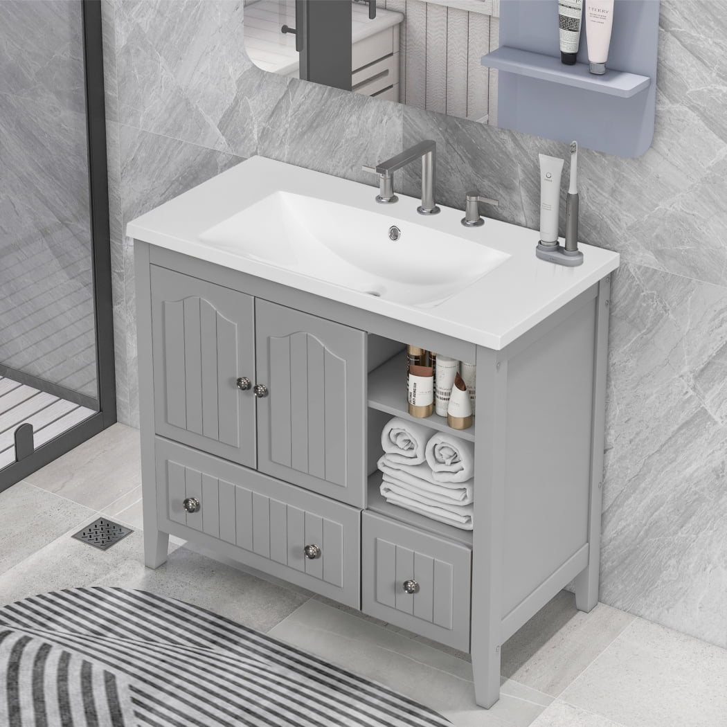 36 inch Bathroom Vanity with Sink, Bathroom Sink Vanity with Adjustable Cabinet and 2 Open Shelevs, Built-in 2 Drawers and Soft Closing Doors, Freestanding Bathroom Vanity Cabinet for Bathroom, Grey