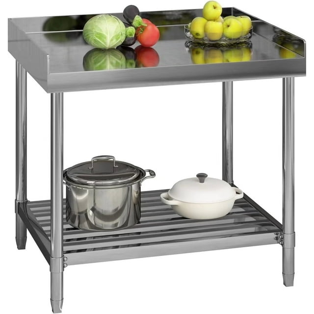 36 x 30 Inch Stainless Steel Work Table with Backsplash for Prep & Work, Heavy Duty Commercial Kitchen Island with Adjustable Undershelf for Home Restaurant