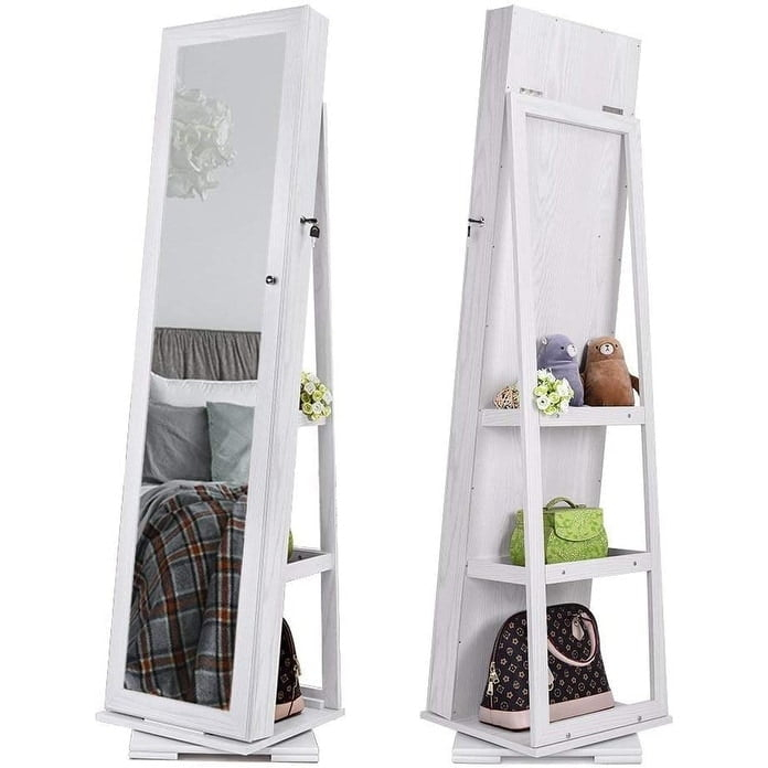 360 Degree Rotatable Jewelry Cabinet with Full-Length Mirror White