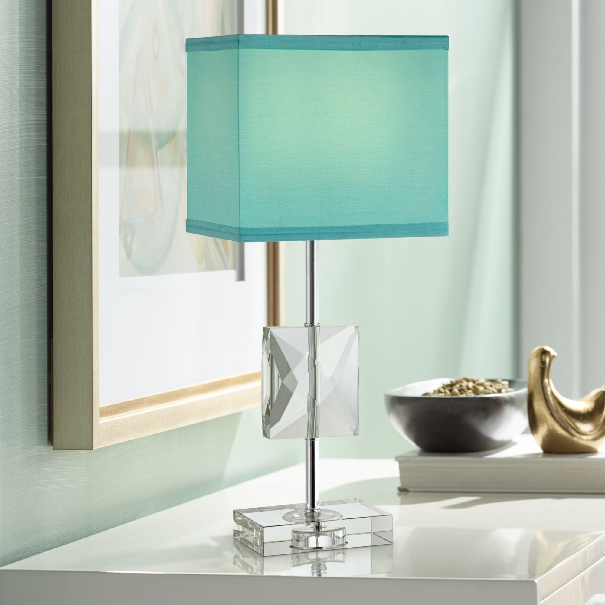 360 Lighting Modern Accent Table Lamp 18" High Square Crystal Teal Blue Rectangular Shade for Bedroom Bedside Nightstand Office